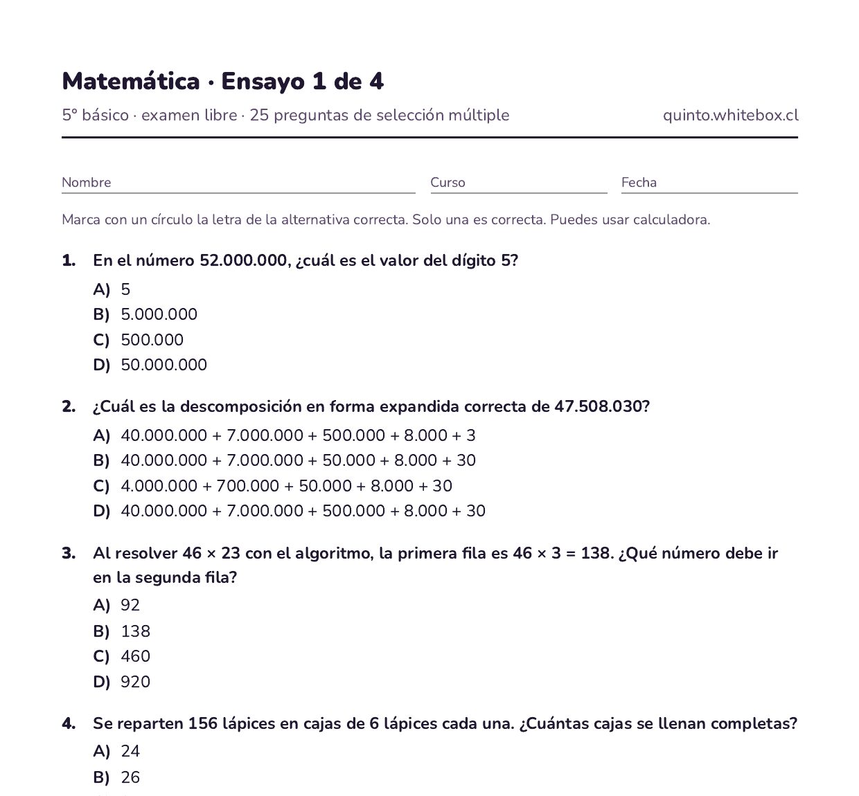 Primera página del ensayo 1 de Matemática de 5° básico: espacio para nombre, curso y fecha, y las cinco primeras preguntas con alternativas A a D.
