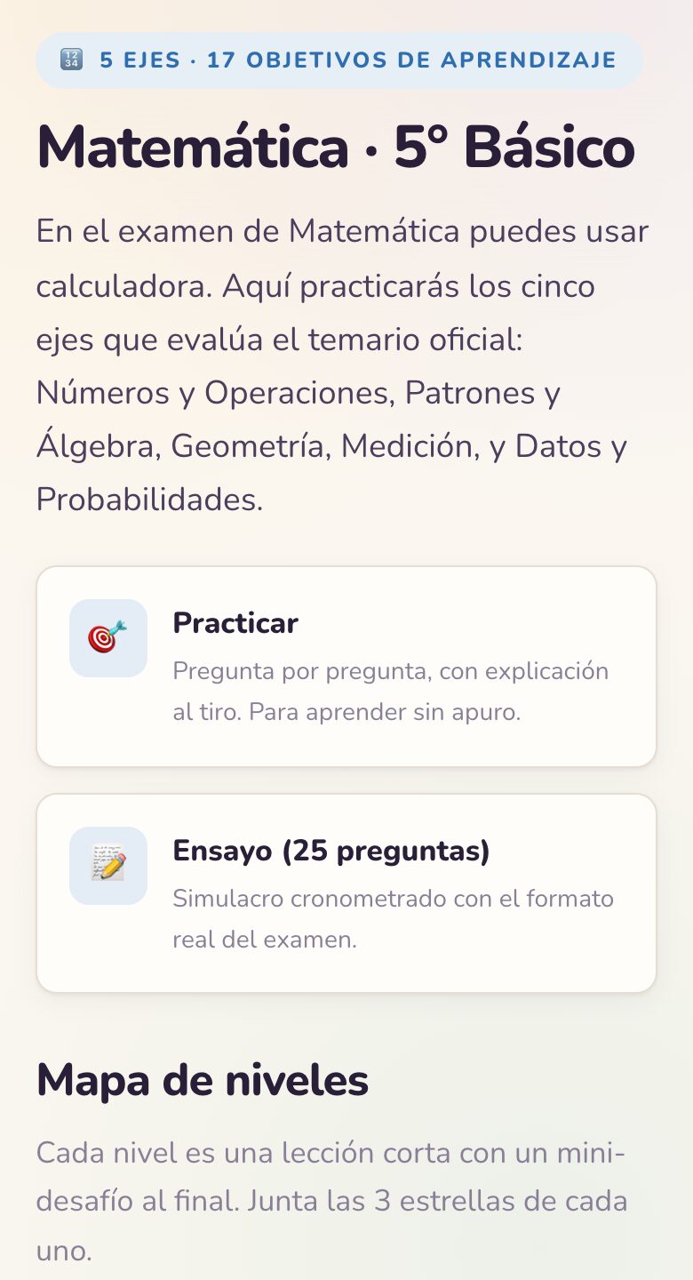 Página de Matemática 5° básico en la app: opciones Practicar y Ensayo de 25 preguntas, y el mapa de niveles.